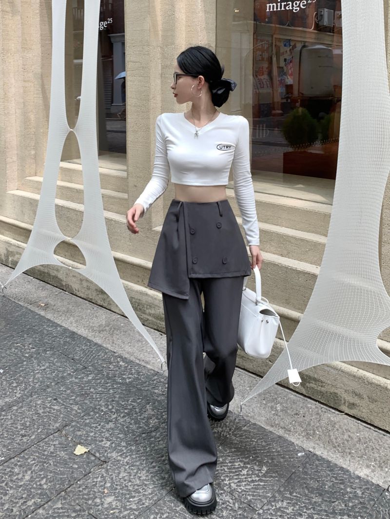 Real shot!  !  Fake two-piece high-belt belt belt micro-flare trousers design sense casual floor-moving trousers