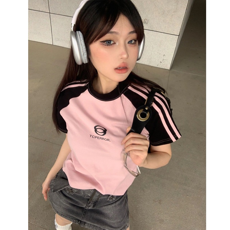 Printed 40 pieces 210g 92 cotton 8 spandex quality three-bar striped hot girl short sleeves