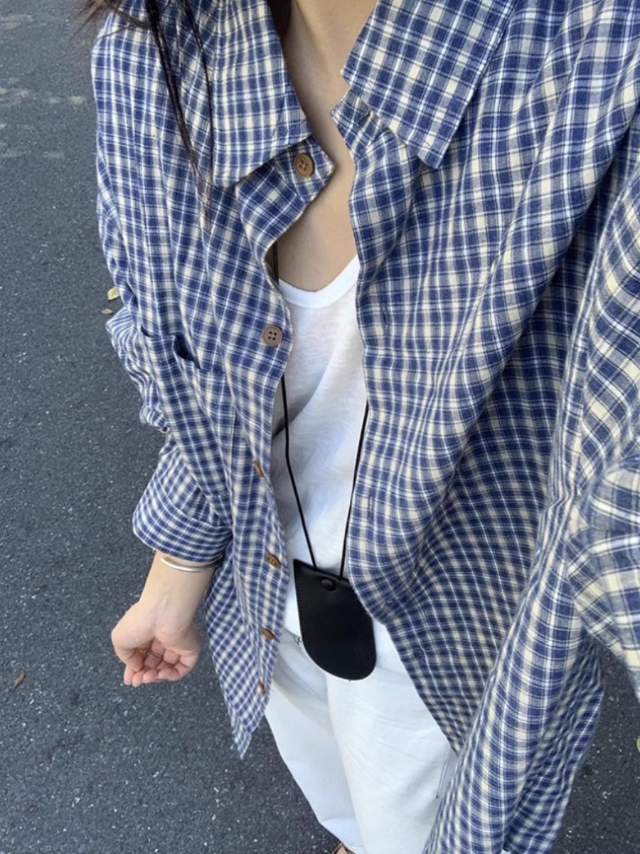 復古小眾藍色長袖格子襯衫女慵懶風休閒格紋寬鬆外搭襯衣