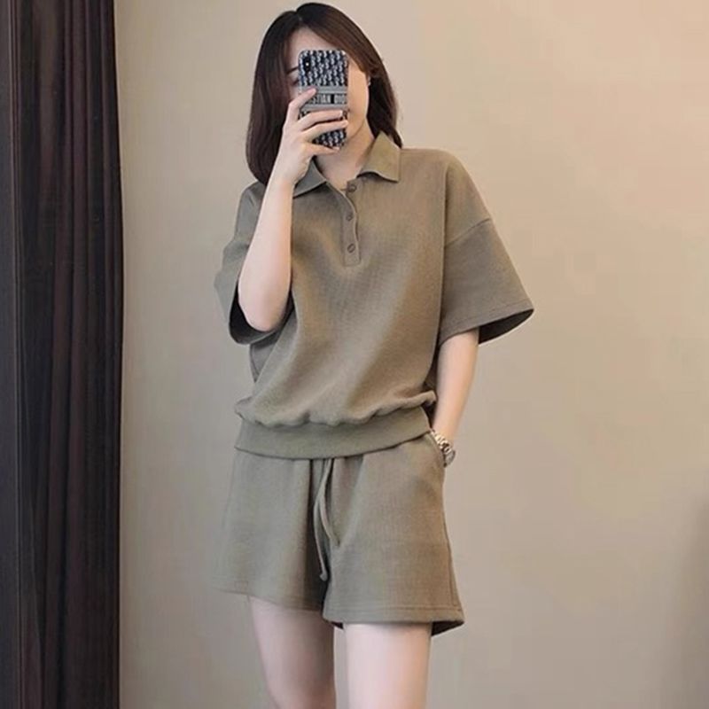 Waffle suit summer new solid color temperament goddess style internet celebrity age-reducing street POLO collar shirt two-piece set for women