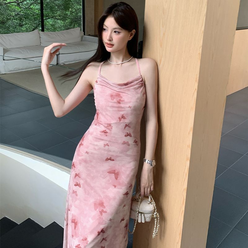 2025超仙蝴蝶網紗連衣裙印花盪領吊帶上衣女短款中長款裙辣妹短裙