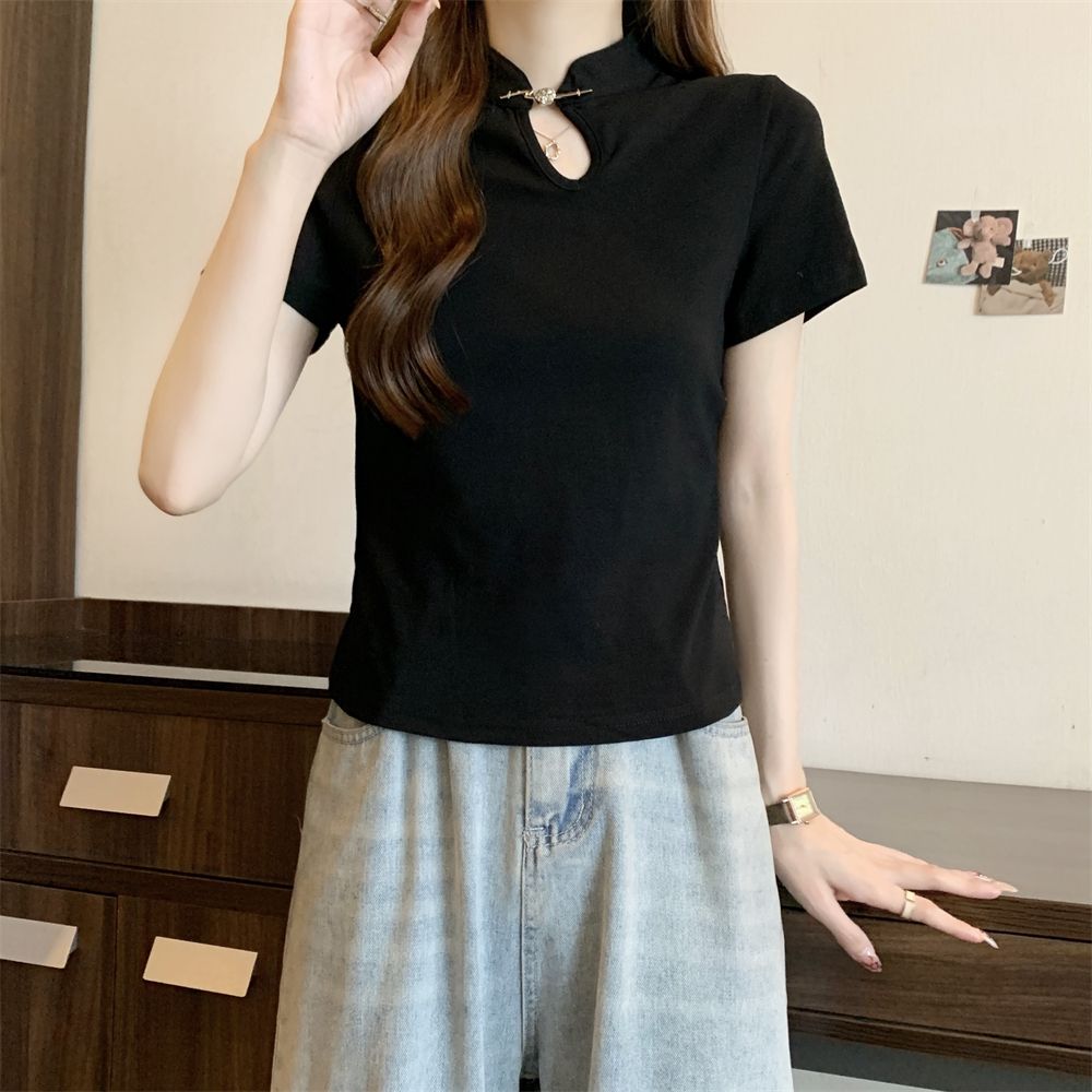 Real shot 40 pure cotton 210g 92 cotton/8 spandex short-sleeved T-shirt for women improved Chinese style