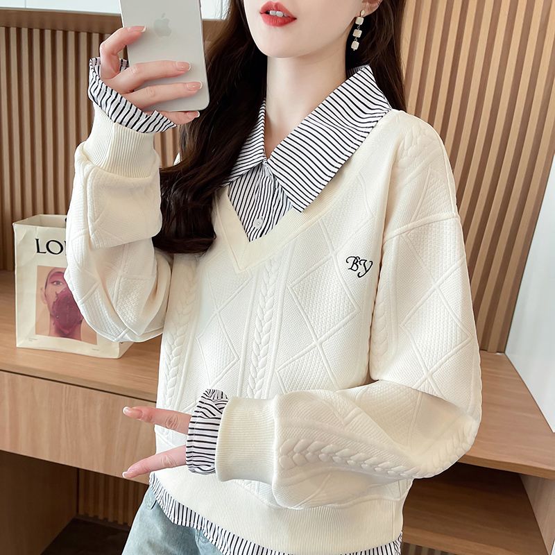 First release real-life sweatshirt for women early spring new fake two-piece college style splicing shirt polo collar design top trendy