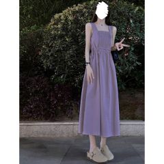 Purple spaghetti strap dress for women, summer chic, waist-cinching, drawstring, midi length, dopamine style, short-sleeved A-line dress