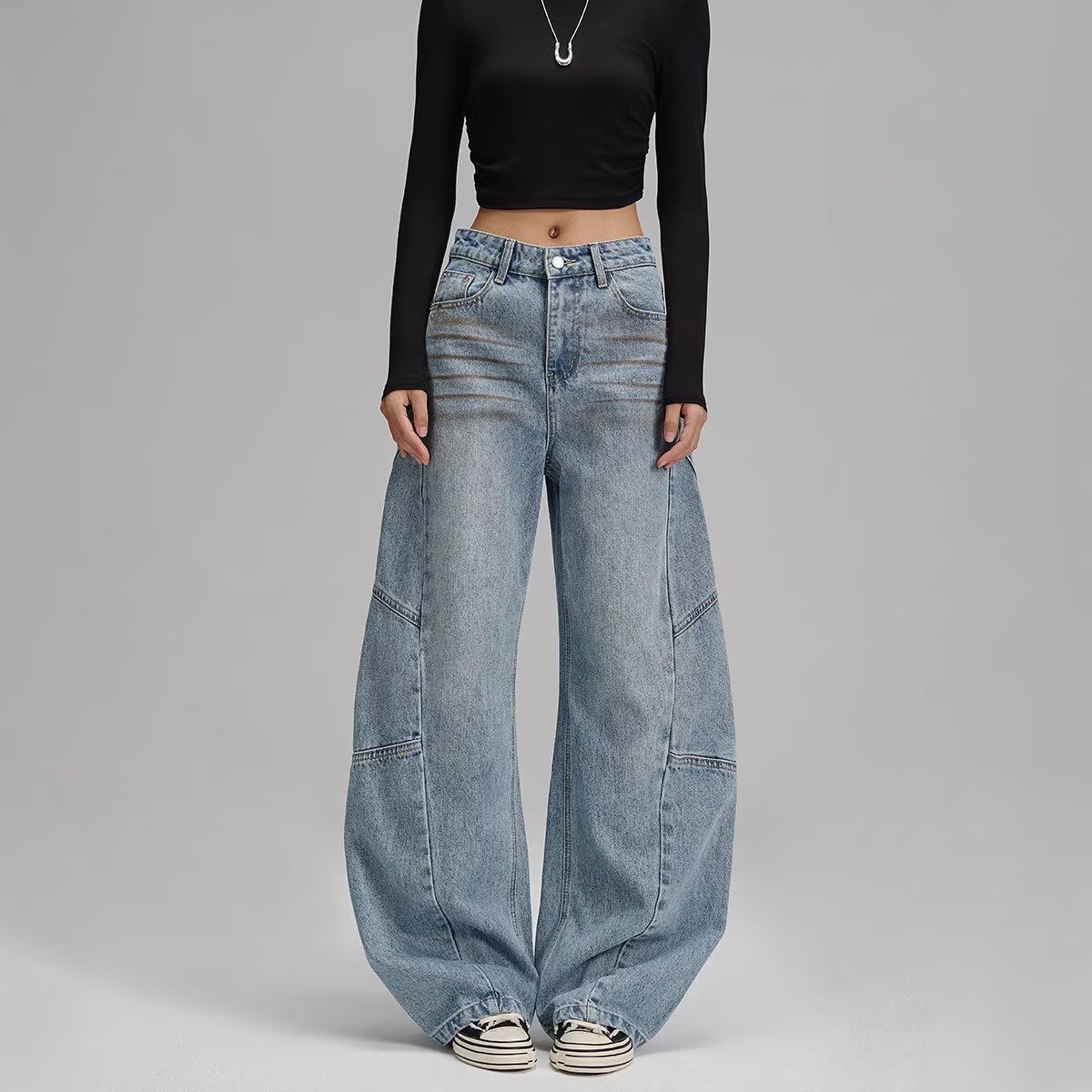 American retro wide-leg scimitar jeans for women in spring 2025 new high-waist slim loose straight pants