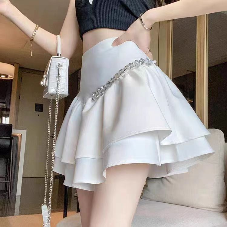 New Summer Heavy Work Embellished Beaded High-Waist Slimming Fluffy A-Line Semi-Skirt Trendy Versatile Short Skirt for Petite and Anti-See-Through