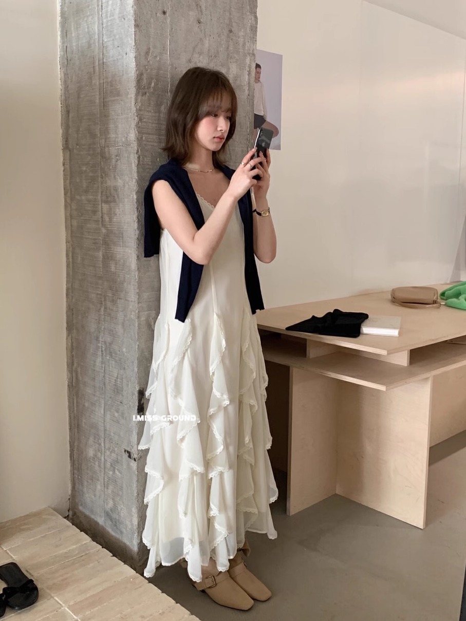 韓版重工超仙花邊拼接吊帶裙女2025春夏中長款雪紡連衣裙潮