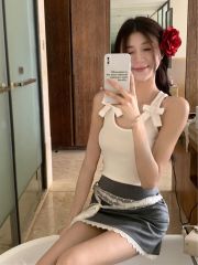 1*1莫代爾純欲風性感外穿蝴蝶結吊帶背心女上衣夏季新款蕾絲拼接