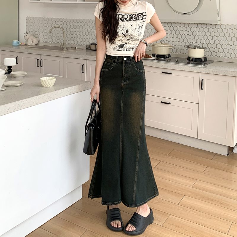 Retro Cowboy Half-Body Skirt for Women, Spring and Autumn 2025 Trendy New High-Waisted Slimming Little Fish-Tailed Midi Skirt