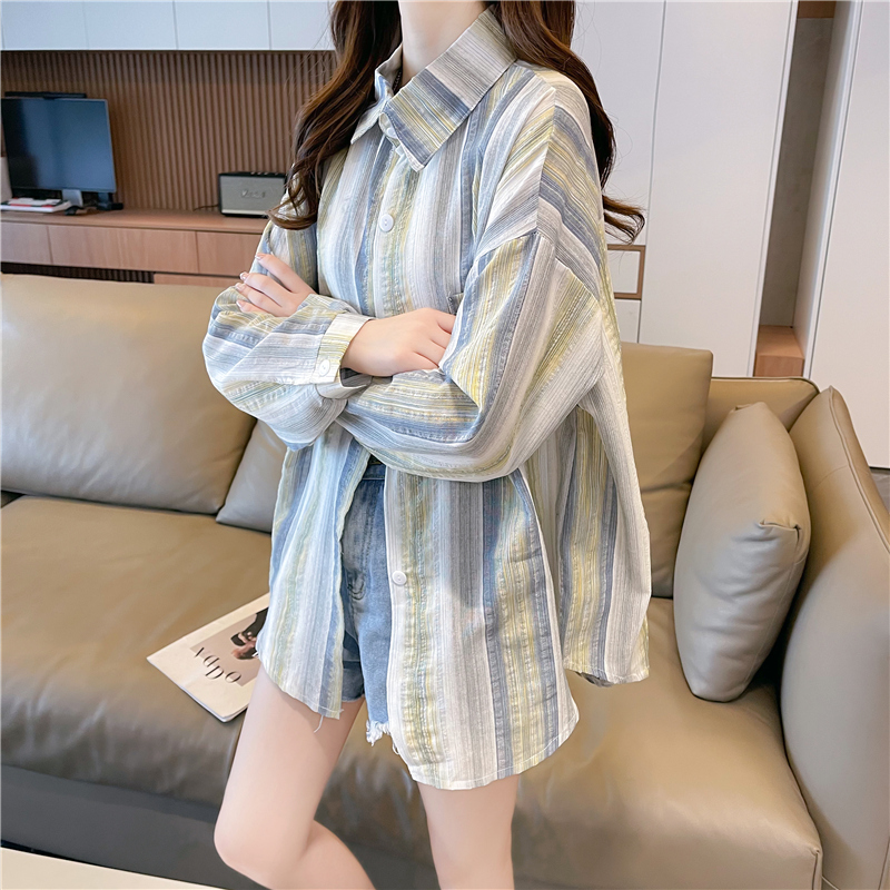Real shot first release original cloth 100 polyester sunscreen women's striped shirt large size women's thin top
