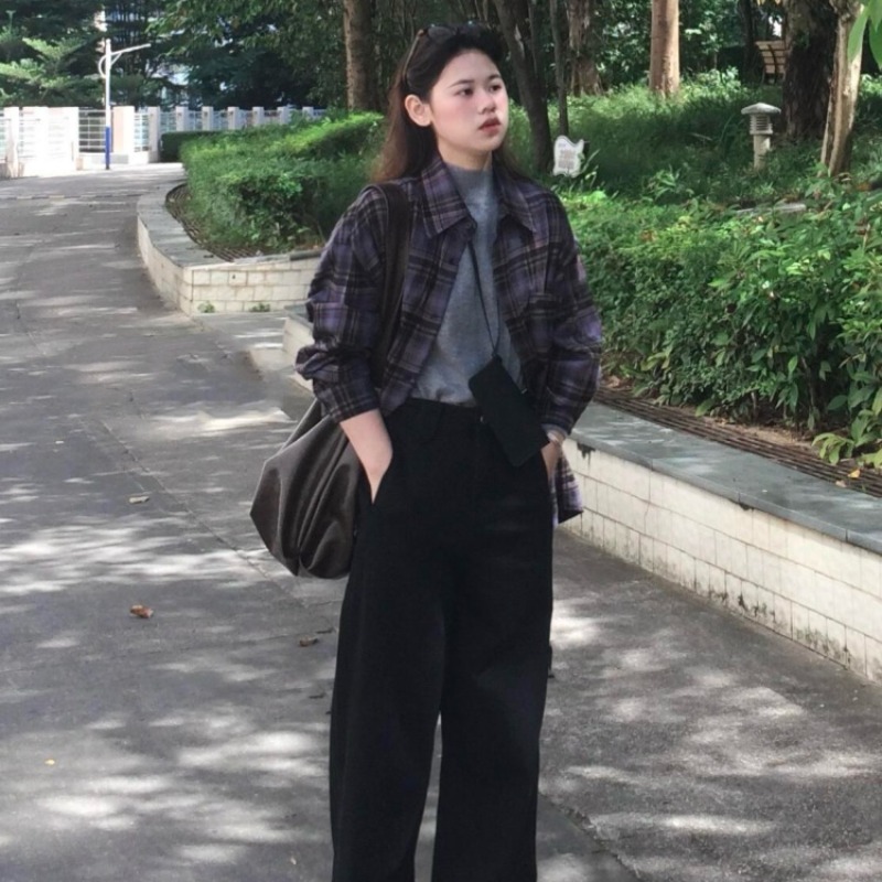 日系小眾復古休閒風襯衫2025春季新款polo領寬鬆百搭疊穿格子外套
