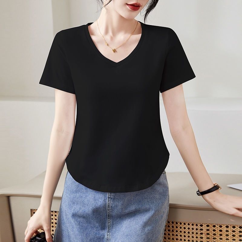 T-shirt women's short-sleeved v-neck shirt pure cotton top for young and middle-aged 30 women's clothing 40-year-old mother wears summer T-shirt curved shape