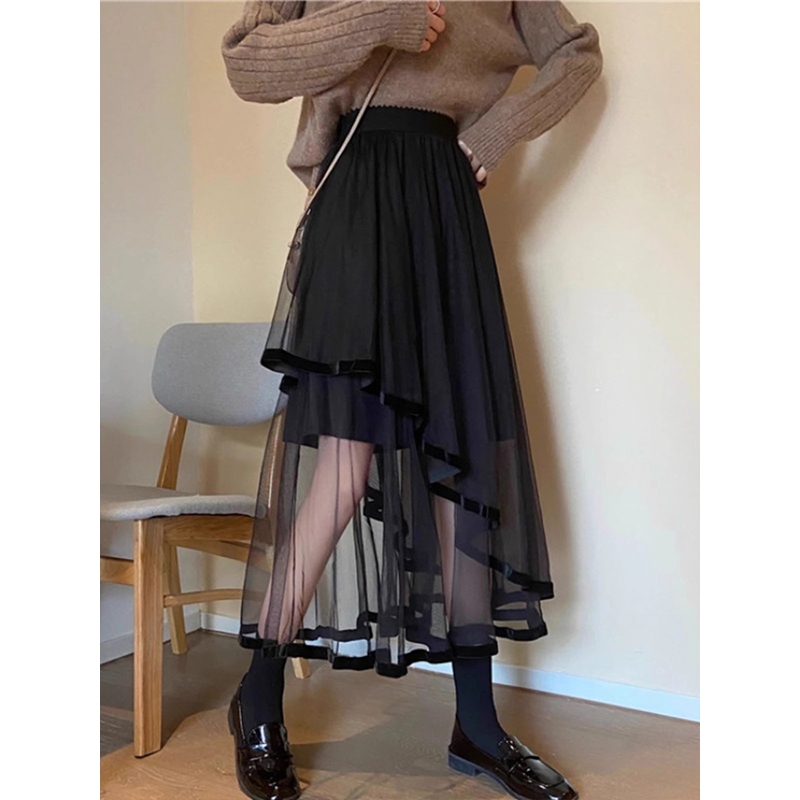 Irregular gauze skirt for women in summer 2025 new high-end black mesh skirt high waist temperament A-line long skirt