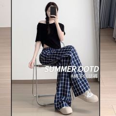 70棉有包邊高質量 港風藏青色格子直筒闊腿休閒褲女夏季薄款