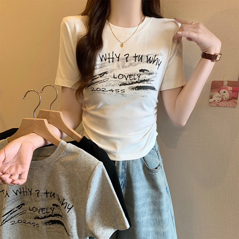 Real shot 92 cotton 8 spandex, back collar 210g thread, summer short pleated short sleeve T-shirt for women
