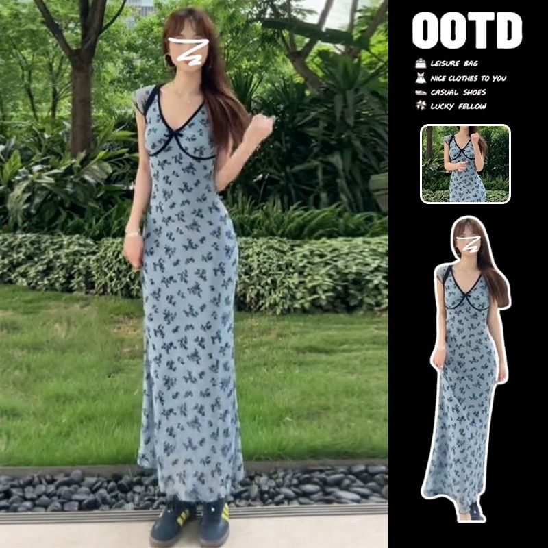 藍色v領碎花連衣裙女裝夏季新款法式茶歇桔梗小個子包臀長裙