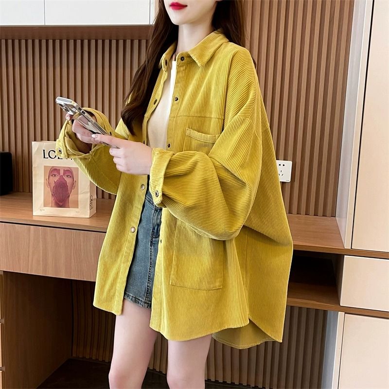 First release 100 polyester loose lazy style versatile shirt jacket for women autumn corduroy shirt jacket