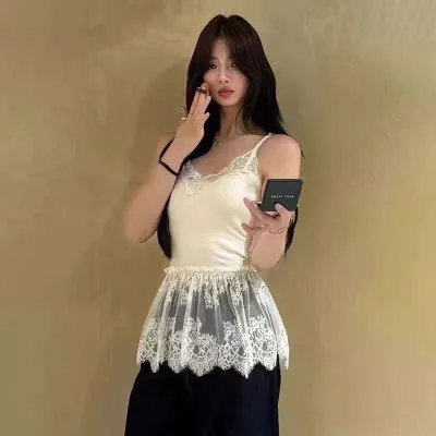 White V-neck Beautiful Lace Sling Vest Women's Underwear Hem Ruffled Leaf Curtain Spliced ​​Mesh Sleeveless Top