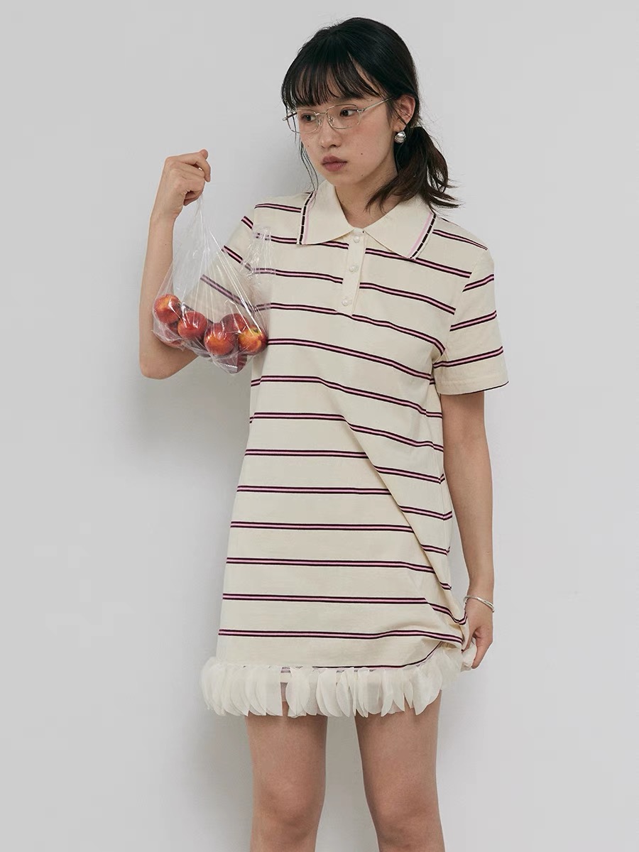 Loose striped short-sleeved polo dress for women's spliced ​​lace summer skirt
