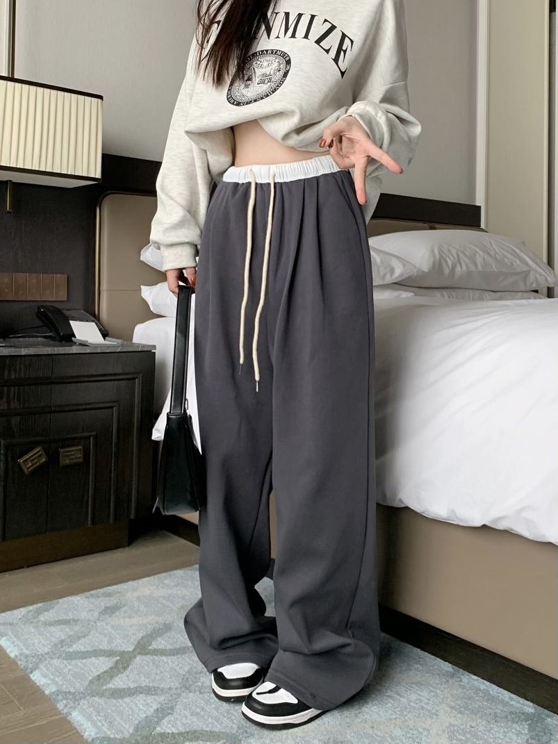 Real photos are of good quality!  American retro high waist casual loose slim and tall straight-piece color-blocking sports sport pants