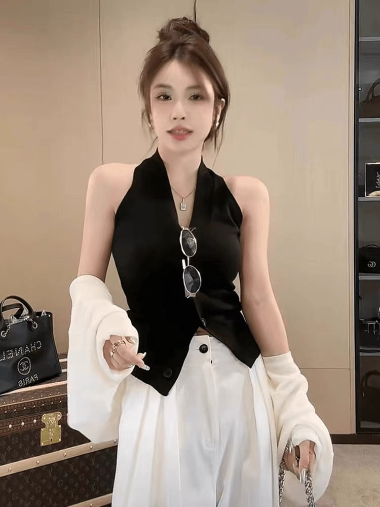 Pure sexy sexy slim suspender vest for women wearing summer new style slim and temperament knitted neck off-shoulder sleeveless top