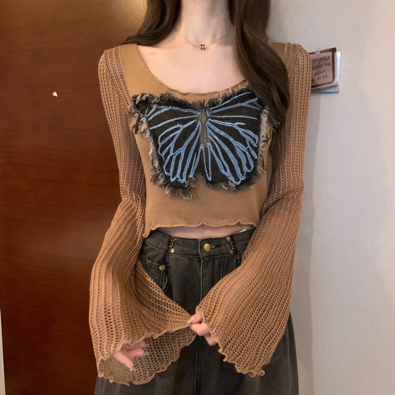 實拍 早春甜酷辣妹風設計感蝴蝶木耳邊喇叭袖短款針織上衣