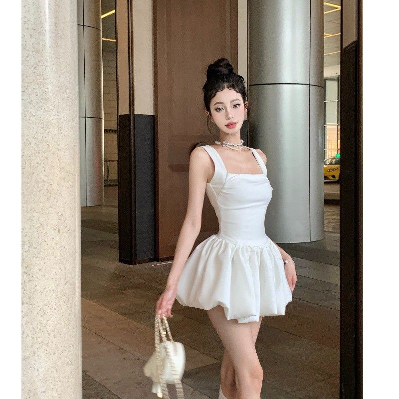 Sweet and Spicy Sister Strapless Dress for Women, Fairy-like, Petite, French Style, Fluffy Short Skirt, Waist Cinching, Sleeveless, White Dress