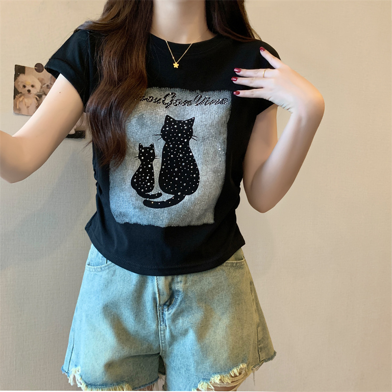 實拍40支仿棉1*1夏季新款貓咪燙鑽重工設計圓領短袖T恤女潮