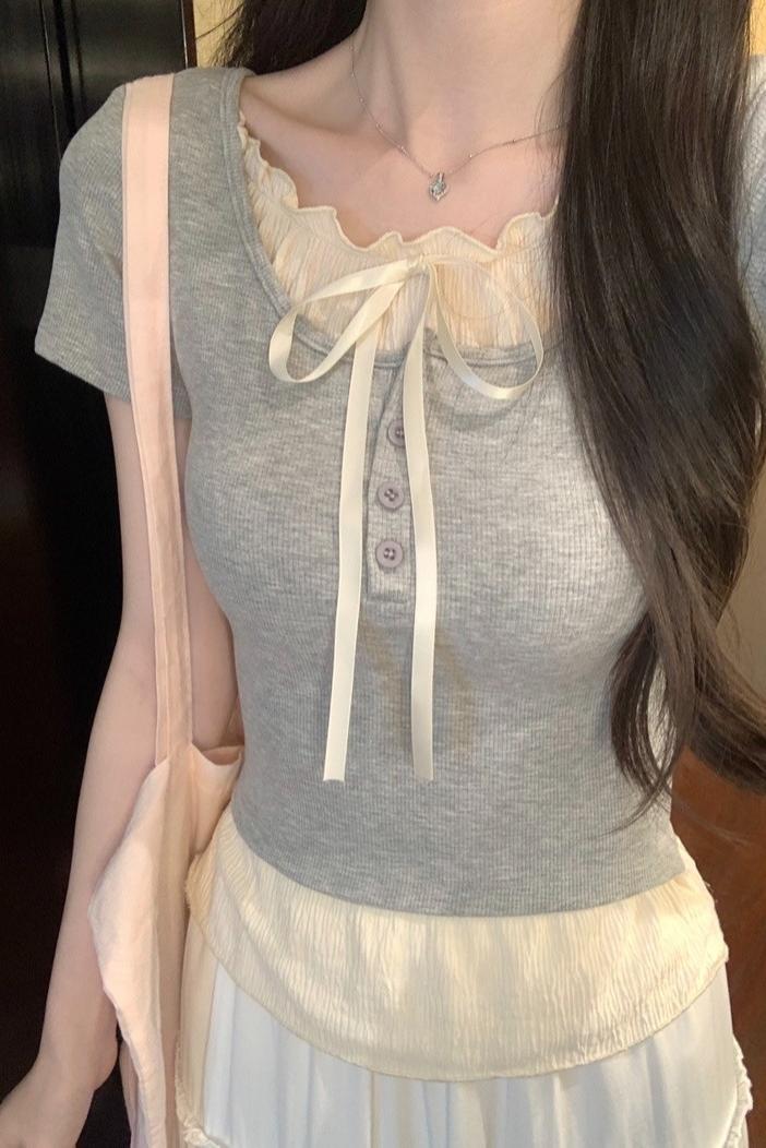 Pure desire light blue bow fake two-piece short-sleeved T-shirt for women's spring and summer style black ears on the shoulder top