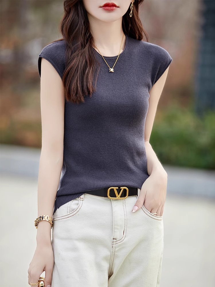 Rotary sleeves and round neck sweater for women new slim short sleeves thin vest fashionable T-shirt with short inner wear
