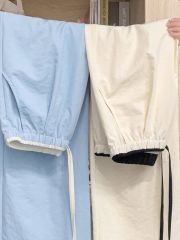 Original high-quality contrasting colored waist ice silk wide-leg pants for women in summer thin high waist drooping casual pants