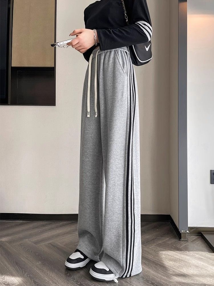 Drawstring wide-leg pants for women in spring and summer loose high waist drooping floor casual three pairs of gray winter sports pants