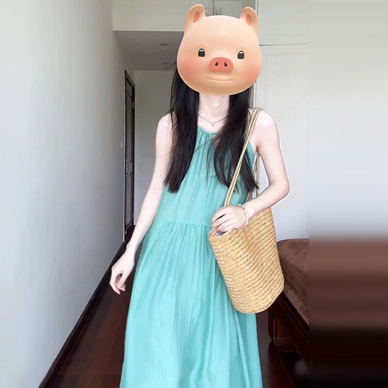 法式鏤空吊帶連衣裙女夏季海邊度假風沙灘裙褶皺慵懶鬆弛感長裙子