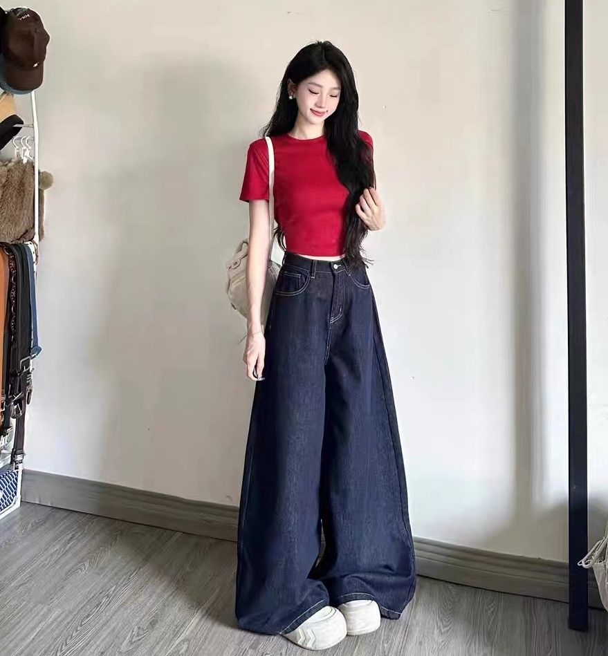 深藍色外貿顯瘦超寬鬆闊腿牛仔褲女春夏2025款遮肉大喇叭褲