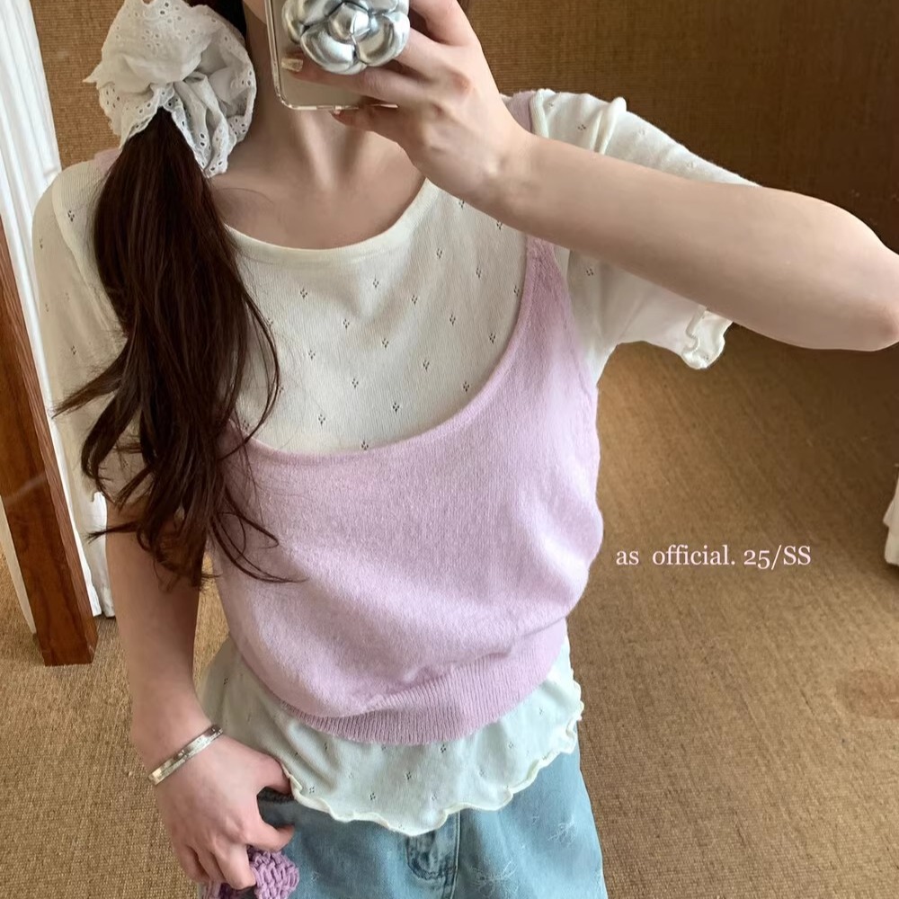 As contrast knitted suspender short sleeve two-piece set for women 2025 spring new Korean sweet design top set