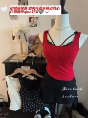 人棉印花鈕扣假兩件美背純欲風針織女新款夏季蕾絲拼接蝴蝶結上衣