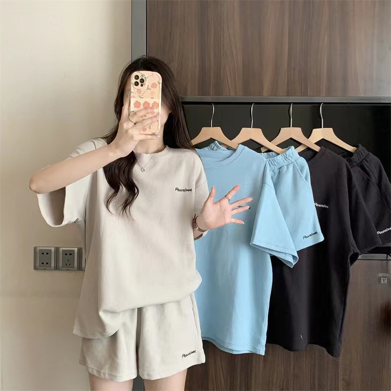 Real shot 6535 cotton waffle cotton casual sports short-sleeved suit for women