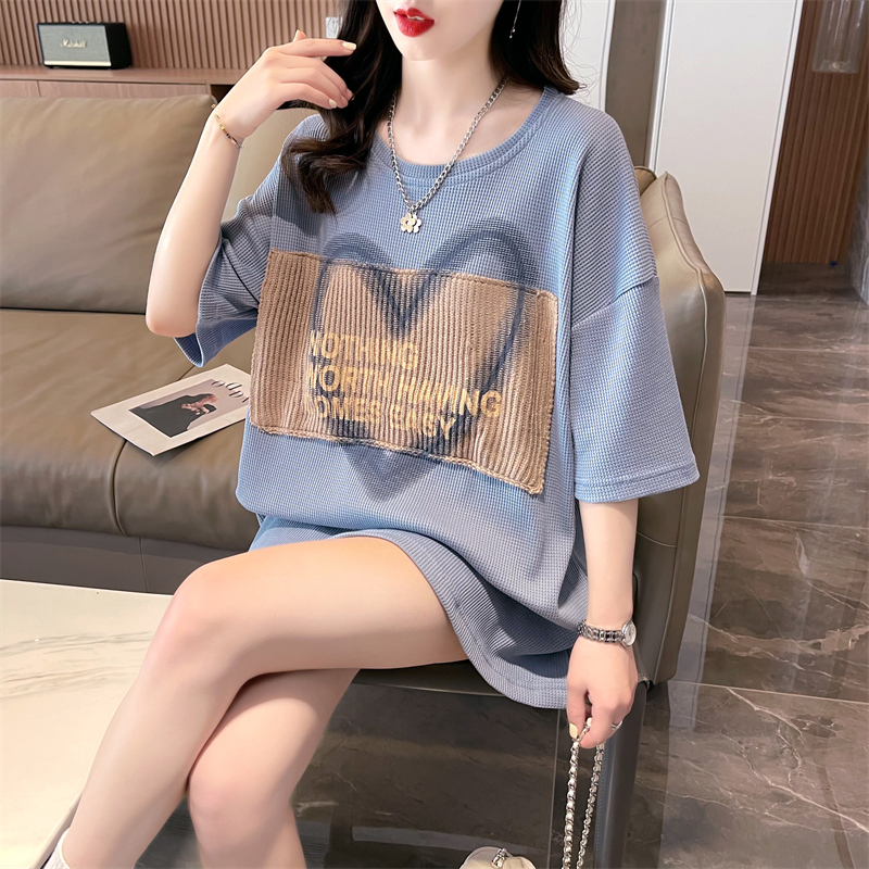 首發實拍仿棉華夫格 短袖t恤女寬鬆中長款