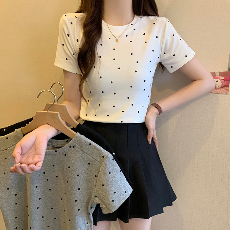 Real shot of 92 cotton 8 spandex, back collar 210g thread, summer polka dot slim short-sleeved T-shirt for women