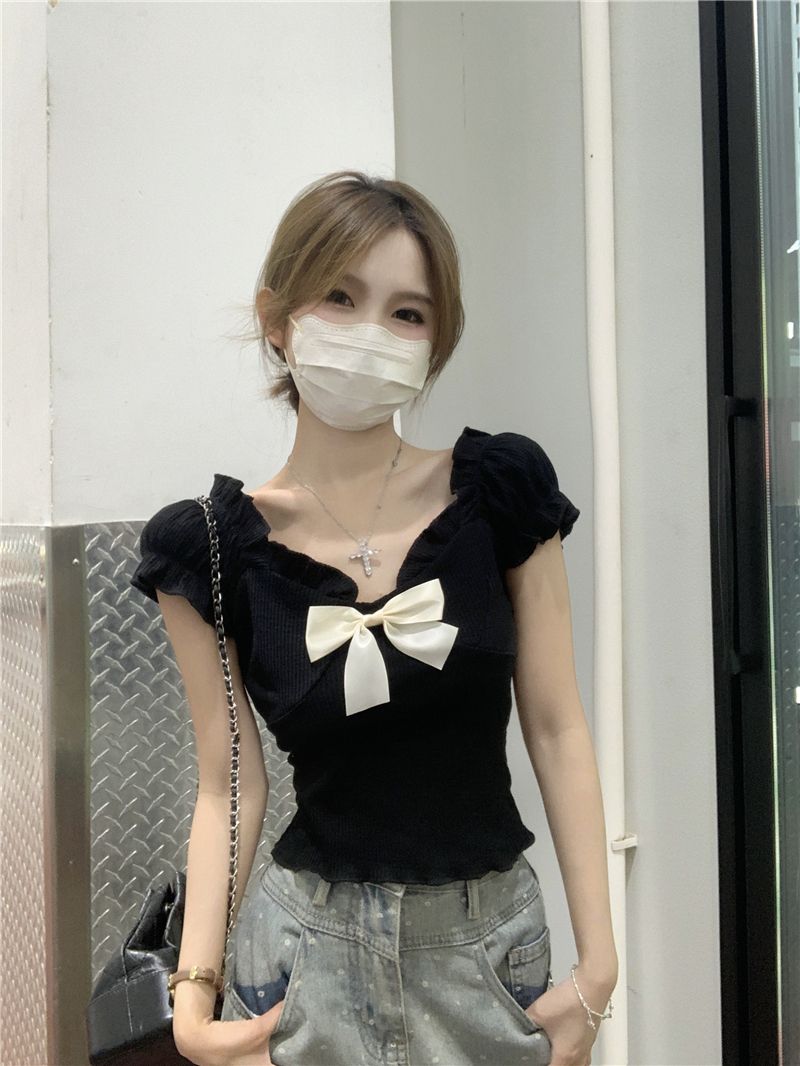 Black bow short shoulder short sleeve T-shirt for women in summer new design slim body
