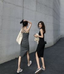 韓國外貿韓版中長款吊帶連衣裙夏季女開叉氣質顯瘦內搭打底裙子