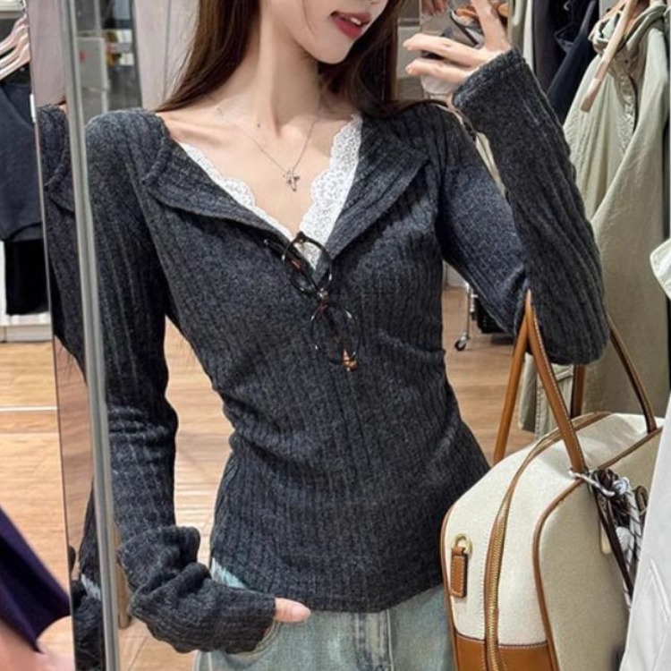 Original fabric Lace spliced ​​v-neck long-sleeved sweater in winter pure style fake two-piece inner base shirt top