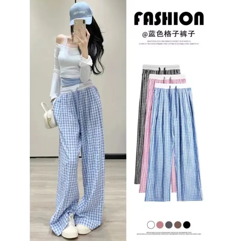 Retro black and white plaid pants for women with high waist loose casual and fashionable elastic waist straight Yamamoto pants wide-leg trousers for women