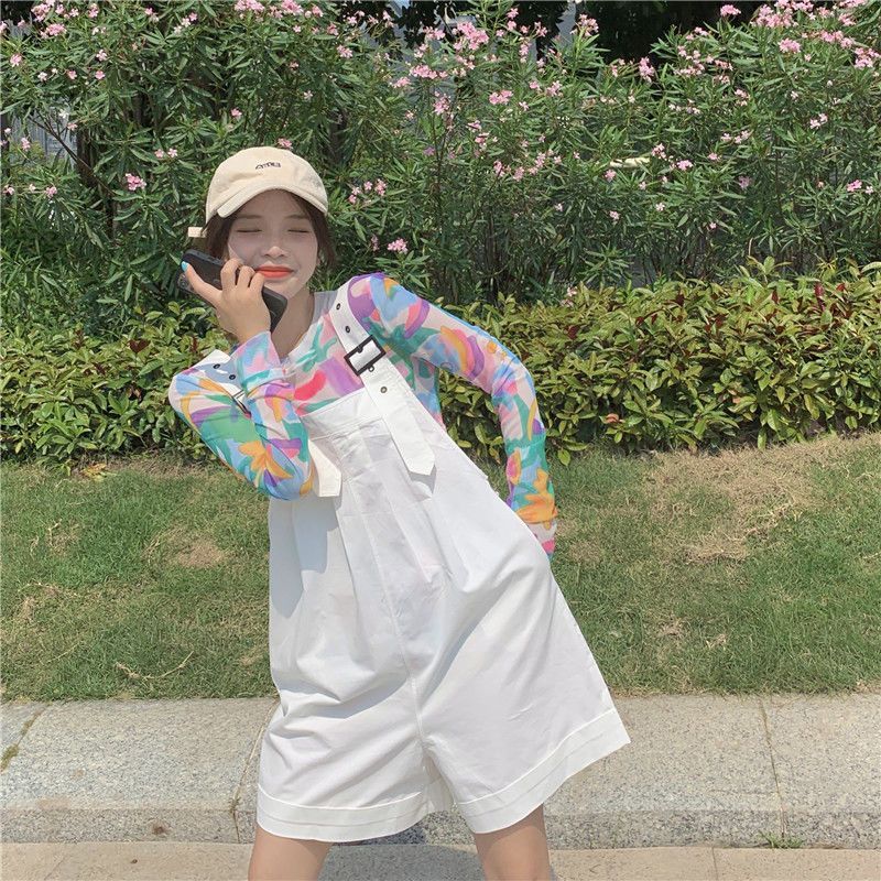 單兩件套裝女學生韓版寬鬆內搭薄款網紗防曬衣+時尚顯瘦背帶短褲