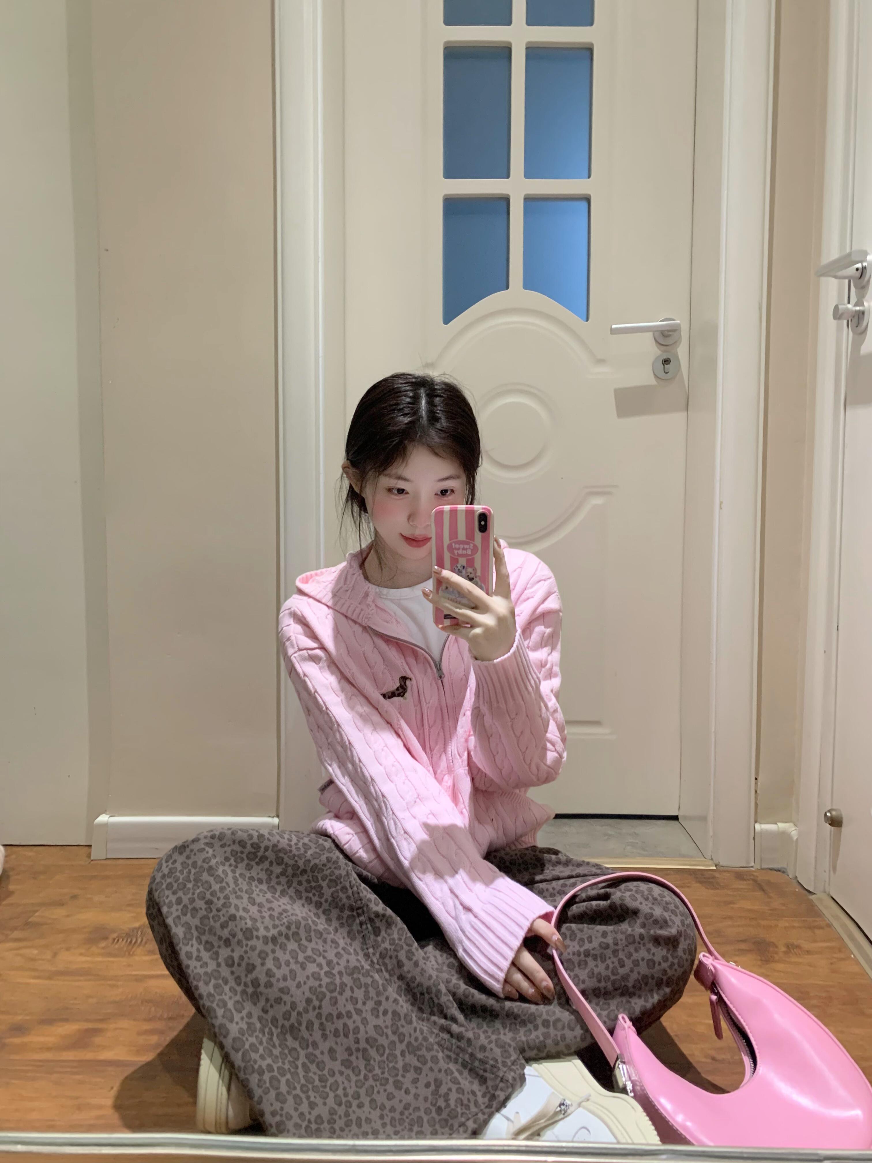 Spring Korean chic wear pink hooded cardigan sweater for women loose outside wearing lazy style knitted top