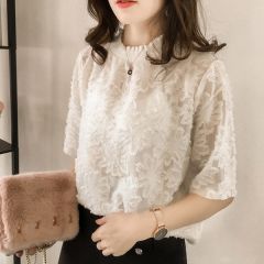Chiffon lace 5-point sleeve fur-edged flower shirt for women short-sleeved tops for summer new Korean loose solid color base shirt