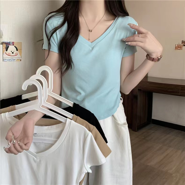 Real-life pure cotton ribbed V-neck short-sleeved T-shirt for women's short half-sleeved top