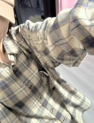 輕奢高街純棉復古格子襯衫女美拉德潮牌做舊寬鬆百搭休閒上衣