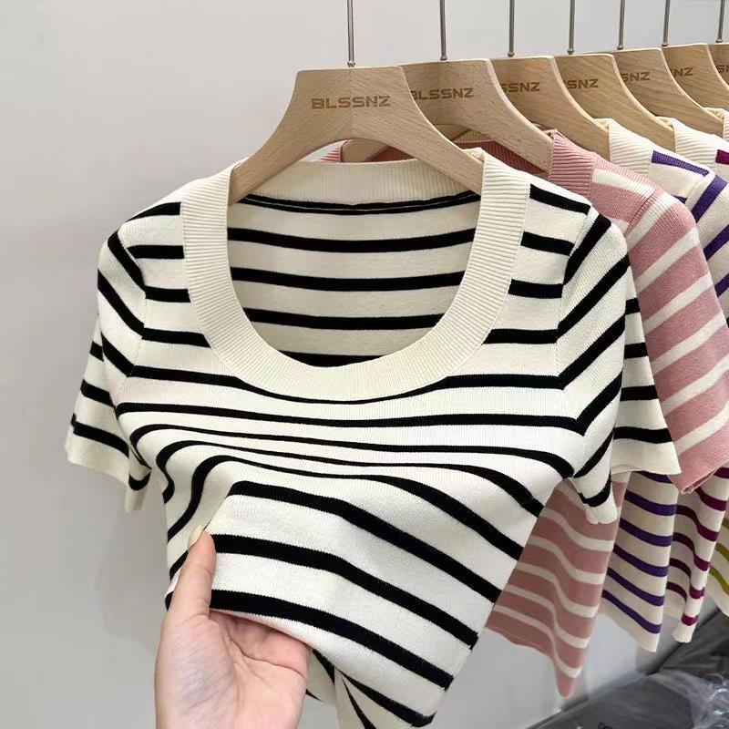 Striped knitted sweater for women in summer and new style unique and unique design niche square collar short top