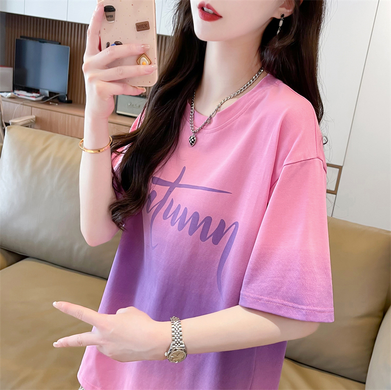 First launch real shot 65 cotton summer new gradient printed round neck short-sleeved T-shirt for women